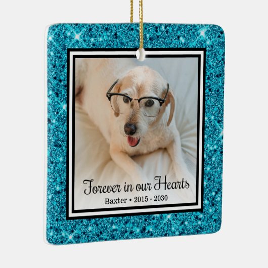 Für immer in unserem Herzen Aqua Glitzer Hund Keramikornament (Rechts)