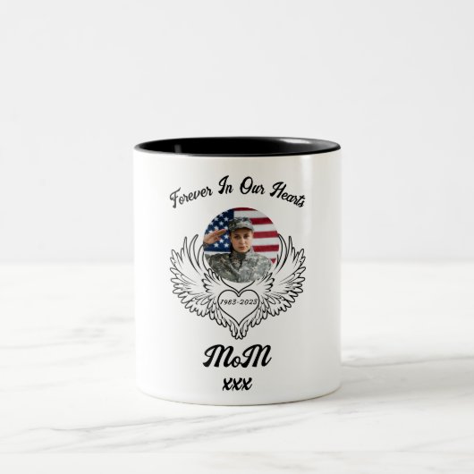 Für immer in unserem Herzen Beerdigung Foto Gedenk Zweifarbige Tasse (Mittel)