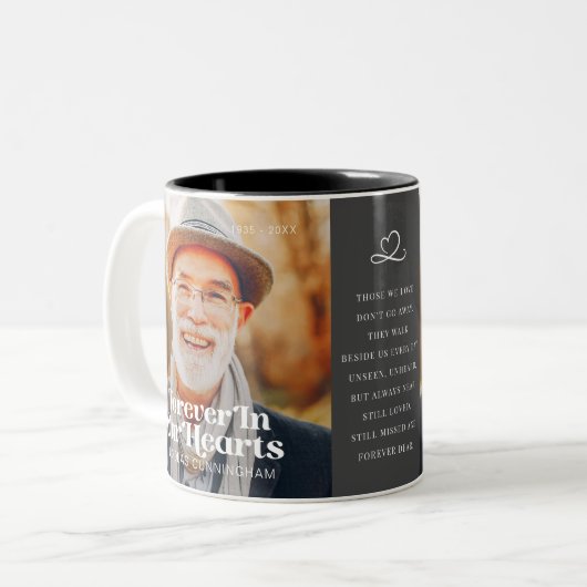 Für immer in unserem Herzen Elegantes Foto-Gedenkm Zweifarbige Tasse (Vorderseite Links)