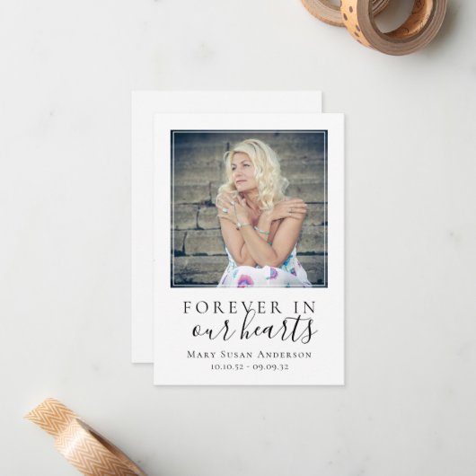 Für immer in unserem Herzen Foto Beerdigungskarte Mitteilungskarte (Vorderseite/Rückseite Beispiel)