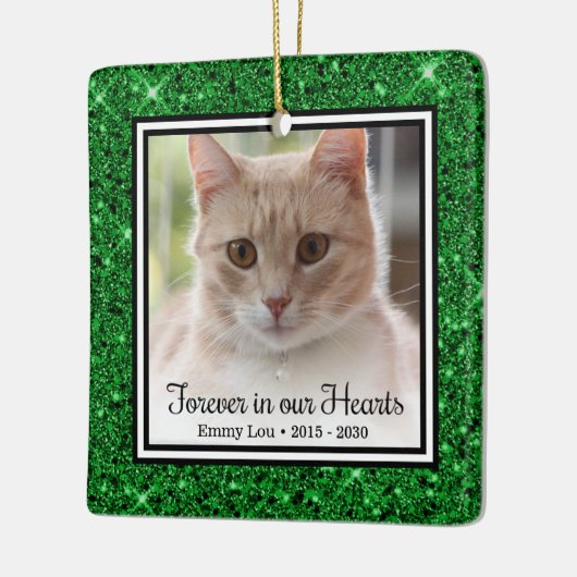 Für immer in unserem Herzen Green Glitzer Cat Memo Keramikornament (Links)