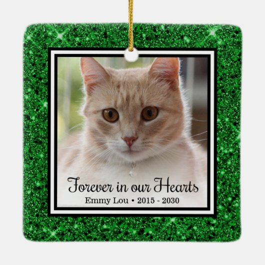 Für immer in unserem Herzen Green Glitzer Cat Memo Keramikornament (Rückseite)