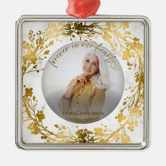 Für immer in unserem Herzen Personalisiertes Foto Ornament Aus Metall (Vorne)
