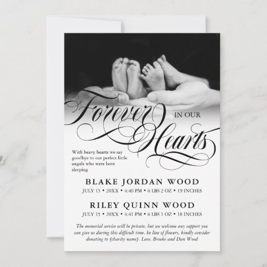 Für immer in unserem Herzen Twins Baby Memorial Ankündigung (Vorderseite)