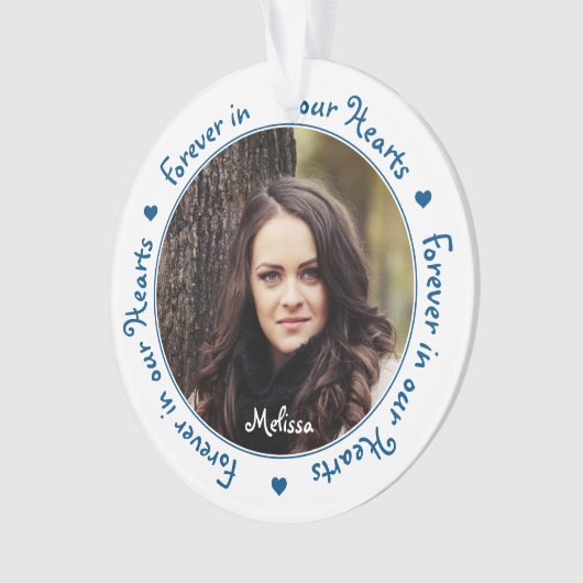 Für immer in unseren Hearts Blue Family Foto Memor Ornament (Vorderseite)
