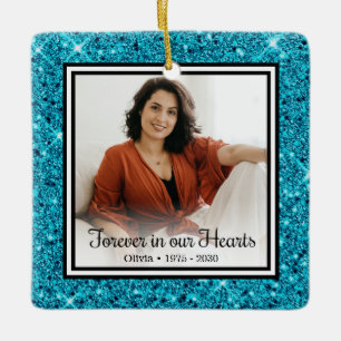 Für immer in unseren Herzen Aqua Glitter Gedenk- Keramikornament