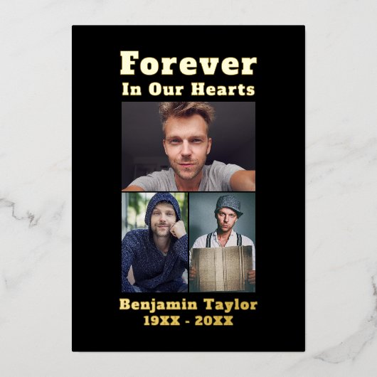 Für immer in unseren Herzen Custom 3 Foto Black Go Folieneinladung (Vorderseite)