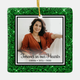 Für immer in unseren Herzen Grüner Glitter-Gedenk- Keramikornament
