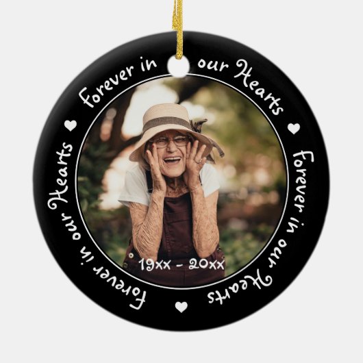 Für immer in unseren Herzen Schwarzes Foto Memoria Keramik Ornament (Hinten)