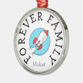 Für immer scherzt Familie Retro Rocketship Silbernes Ornament (Links)