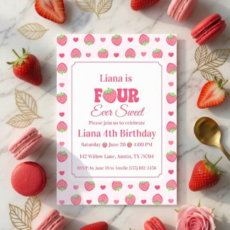 Für immer süße rosa Erdbeermädchen 4. Geburtstag  Einladung