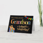 Für Kerzen, die auf Grandson Chic lauschen, Geburt Karte<br><div class="desc">Eine helle und farbenfrohe Geburtstagskarte für einen Großsohn jeden Alters,  mit Birthday Cake Candles,  Bunting and Stars und dem Wort "Grandson" in gemusterter Schrift,  in Goldeffekt (nicht in metallischer Tinte) und Happy Birthday umrissen,  auch in Goldeffekt,  auf schwarzem Hintergrund. Ein digitales Design von Judy Adamson.</div>