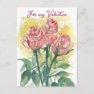 Für meine Valentinsfrau rosa Rosen Aquarell-Blume Feiertagspostkarte