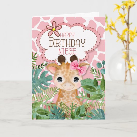 für Niece Pink Jungle Giraffe Themed Birthday Karte (Gelbe Blume)