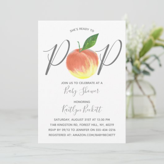 Für Pop bereit Wasserfarben Peach Babydusche Einladung (Stehend Vorderseite)