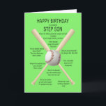 Für Schritt Sohn, Baseballwitze zum Geburtstag Karte<br><div class="desc">Für einen Schritt-Sohn,  Geburtstagskarte. Eine lustige Karte mit Baseball und Fledermäusen mit vielen wirklich schlechten Baseballwitzen. Eine Karte für den Sportler mit einem Sinn für Spaß. Sehen Sie sich die ganze Palette an Altersgruppen und Beziehungen in meinem Geschäft an.</div>