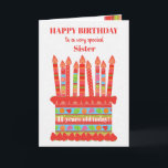 Für Sister Custom Age Birthday Cake Card Karte<br><div class="desc">Sie können das Alter zu dieser farbenfrohen Geburtstagskarte Ihrer Schwester hinzufügen, mit einem Erdbeergeburtstorte. Der Kuchen hat viele Kerzen mit verschiedenen Mustern und es gibt eine gemusterte Band um den Kuchen mit bunten Sommerfrüchten - Erdbeeren, Himbeeren, Limetten und Orangenscheiben. Über dem Kuchen, der Gruß in roter Schrift ist "GLÜCKLICHER GEBURTSTAG...</div>
