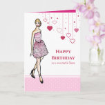 Für Sister on Birthday Girl with Pink Roses Dress Karte<br><div class="desc">Entworfen auf meine Veranschaulichung einer schönen blonden Haar Dame mit atemberaubenden klassisch eleganten rosa Cocktailkleid,  trägt schöne schwarze Stiletto Schuhe. Das Design hat rosa-weiße Polka-Punkte-Muster - ein schicker und moderner Stil. Anpassbar mit eigenem Text für ein personalisiertes Design.</div>