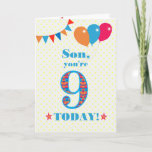 Für Son 9th Birthday Bunting and Balloons Card Karte<br><div class="desc">Eine farbenfrohe Geburtstagskarte für einen 9-jährigen Sohn mit der großen Zahl 9 mit orangefarbenem, rotem und blauem Muster, in hellblau umrissen. Oben sind Ballons und Bollen, in passenden Farben, und der Gruß auf der Vorderseite ist: "Son, du bist heute 9!" in hellblauen Buchstaben, auf einem sehr blassgelben und weißen Polka-Punkt-Hintergrund,...</div>