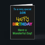 Für Son-Rainbow-Farben auf der Black Birthday Card Karte<br><div class="desc">Eine farbenfrohe Geburtstagskarte für einen Sohn,  mit bunten Schriftzeichen auf schwarzem Hintergrund,  dem Wort "glücklich" in Gelb und dem Wort "Geburtstag" in Regenbogenfarben.</div>