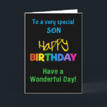 Für Son-Rainbow-Farben auf der Black Birthday Card Karte<br><div class="desc">Eine farbenfrohe Geburtstagskarte für einen Sohn,  mit bunten Schriftzeichen auf schwarzem Hintergrund,  dem Wort "glücklich" in Gelb und dem Wort "Geburtstag" in Regenbogenfarben.</div>