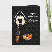 Für Tochter zu Halloween Lady Witz mit Broom Karte (Vorderseite)