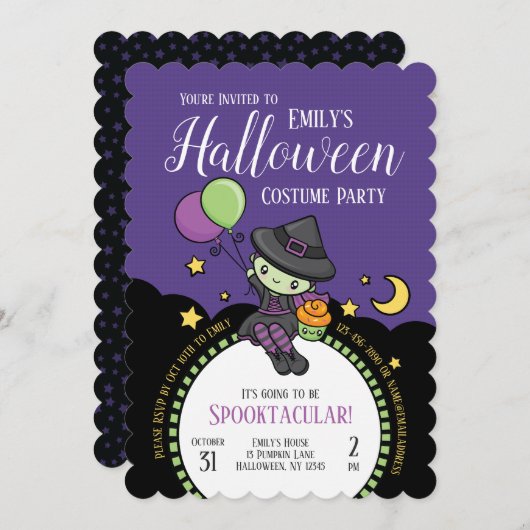 Furchtbar Niedliche Halloween-Hexe Einladung (Vorne/Hinten)