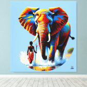 Furchtloser Junge trifft Elefantenbullen Leinwanddruck (Insitu (Holzboden))