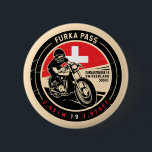 Furka Pass | Schweiz | Motorrad Button<br><div class="desc">Furka Pass in einem Vintagen,  bedrückten Stil-Emblem gemacht. Es ist ein berühmter Bergpass,  der sich entlang der Alpen in der Schweiz befindet.</div>