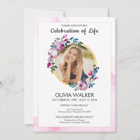 Furple Blume Beerdigung feiert Leben Einladung (Vorderseite)