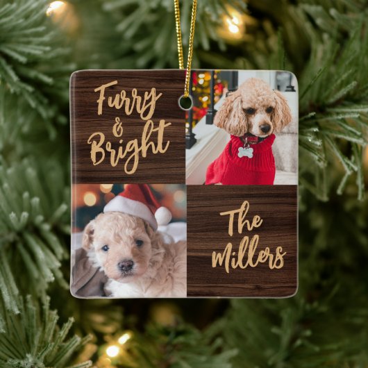 Furry & Bright Hund 2 Foto Rustikale Weihnachten Keramikornament (Baum)