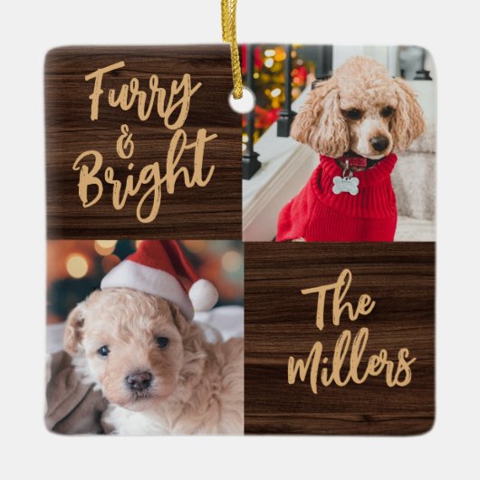 Furry & Bright Hund 2 Foto Rustikale Weihnachten Keramikornament (Vorderseite)
