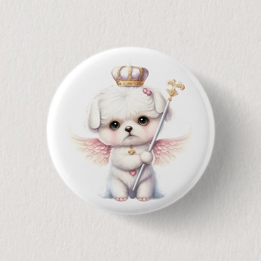 Furry Joy: Angel Wing Maltese Dog Welppy Gift Button (Vorderseite)