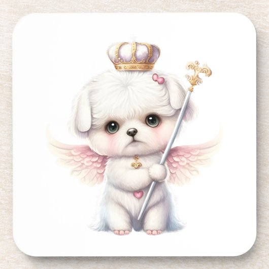 Furry Joy: Angel Wing Maltese Dog Welppy Gift Getränkeuntersetzer (Vorderseite)