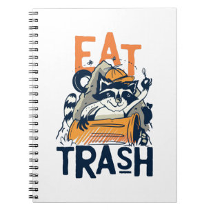 Furry Raccoon mit Trash Text essen Notizblock
