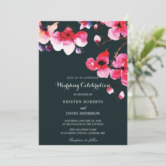 Fuschia-Baum und Schwarze Hochzeitseinladungen Einladung (Stehend Vorderseite)