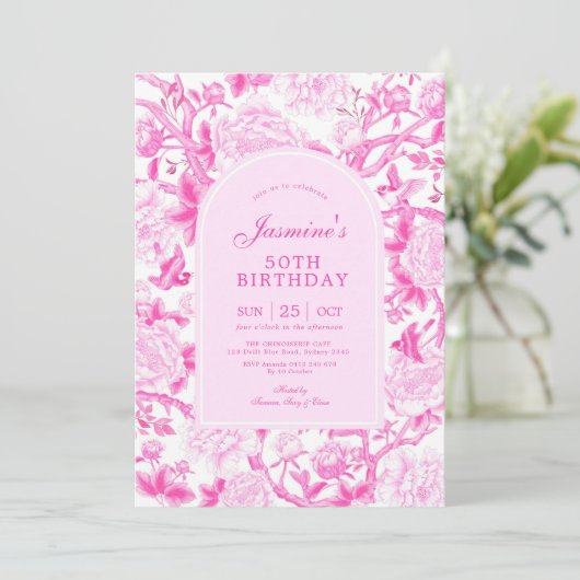 Fuschia Chinoiserie Blumengarten 50. Geburtstag Einladung (Stehend Vorderseite)