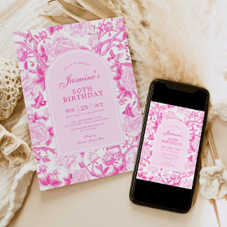 Fuschia Chinoiserie Blumengarten 50. Geburtstag Einladung