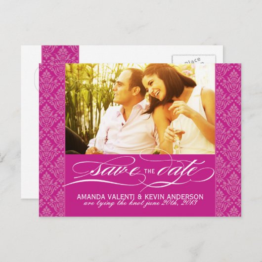 Fuschia Damask Save the Date Ankündigungspostkarte (Vorne/Hinten)