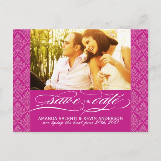 Fuschia Damask Save the Date Ankündigungspostkarte (Vorderseite)