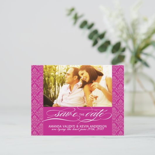 Fuschia Damask Save the Date Ankündigungspostkarte (Stehend Vorderseite)