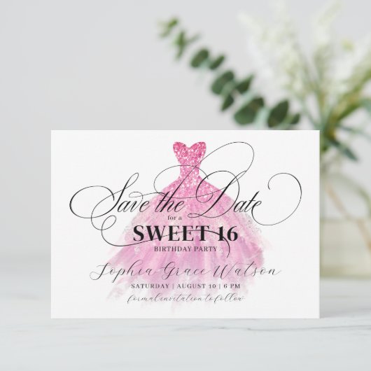 Fuschia Glitzer Elegantes Kleid Sweet 16 Geburtsta Save The Date (Stehend Vorderseite)