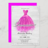 Fuschia Holzkleid Glitzer Quinceañera Einladung (Vorne/Hinten)
