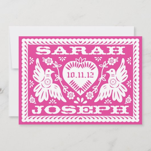 Fuschia Papel Picado Love Birds Wedding Einladung (Rückseite)