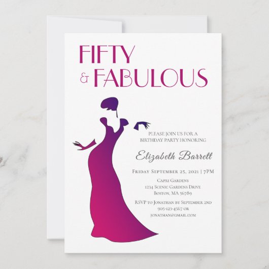 Fuschia Pink Elegant Fünfzig und fabelhafter Gebur Einladung (Vorderseite)