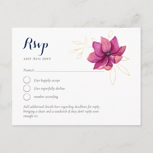 Fuschia Pink Gold Navy Blue Wedding RSVP Postkarte (Vorderseite)
