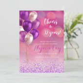 Fuschia rosa Kreisleuchte mit lila Ballons Einladung (Stehend Vorderseite)