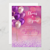 Fuschia rosa Kreisleuchte mit lila Ballons Einladung (Vorne/Hinten)