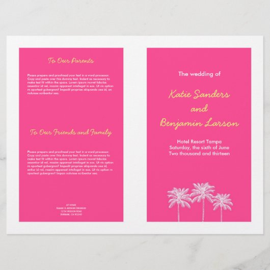 Fuschia Rosa Palmen Sommerhochzeitprogramm (Vorderseite)