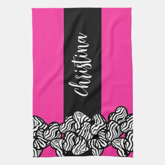 Fuschia rosa Schwarz-weißer Zebrammenname Geschirrtuch (Vertikal)